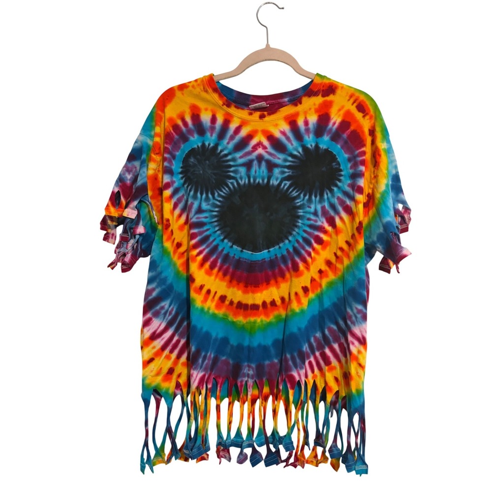 Vintage Retro T-Shirt Tie Dye Mickey Mouse Rainbow Fringe XL